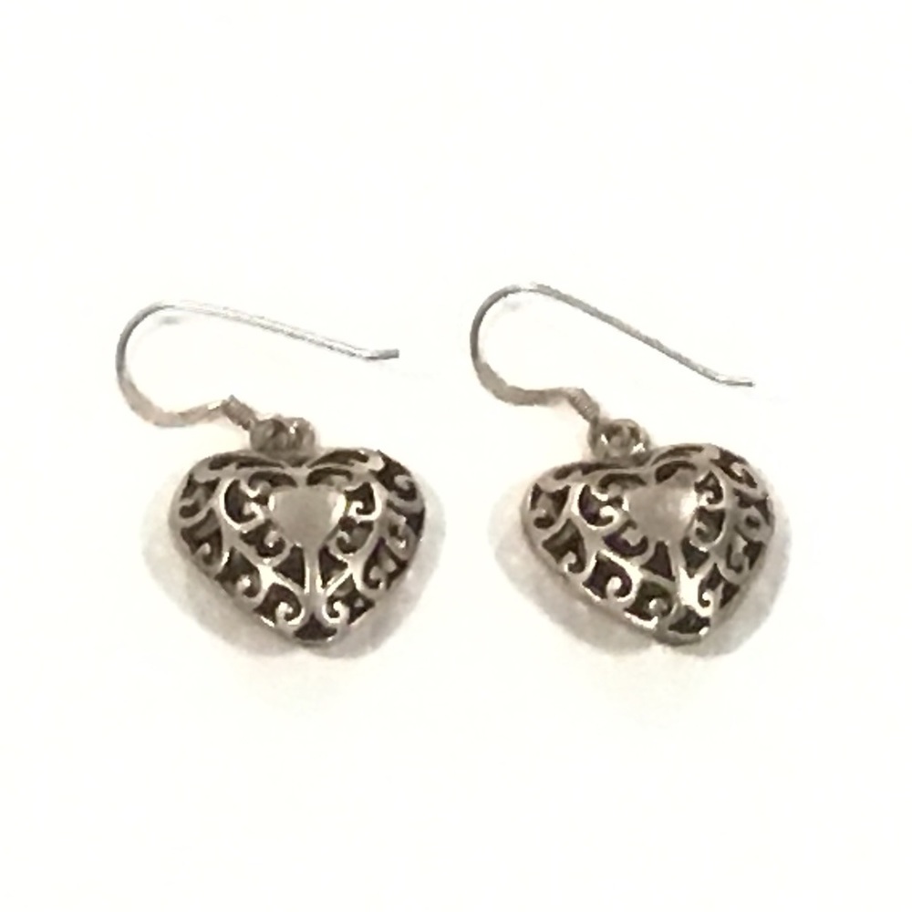 Sterling Silver Scrollwork Cutouts Puffy Heart Hook Dangle Earrings 11/16" Long